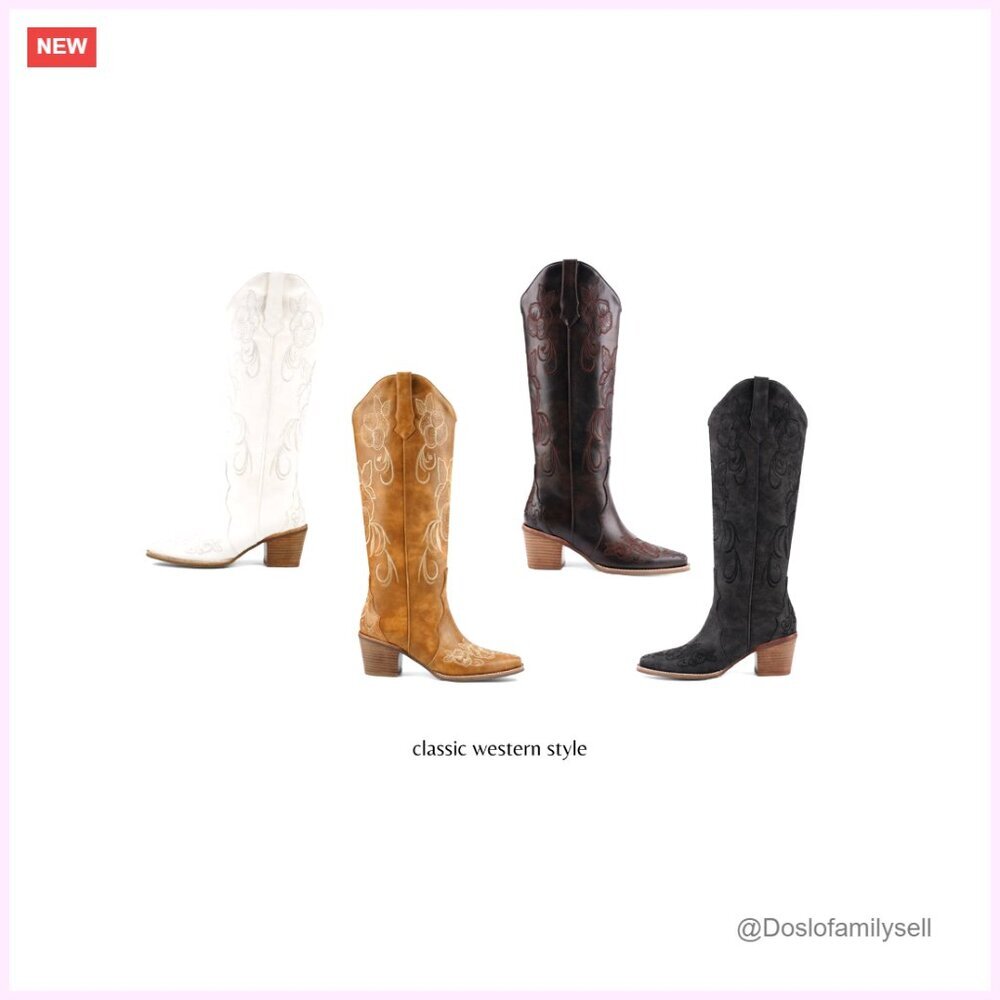 Knee High Cowboy Boots Pointed Toe Chunky Heel Floral Embroidered Pull On - Picture 7 of 7